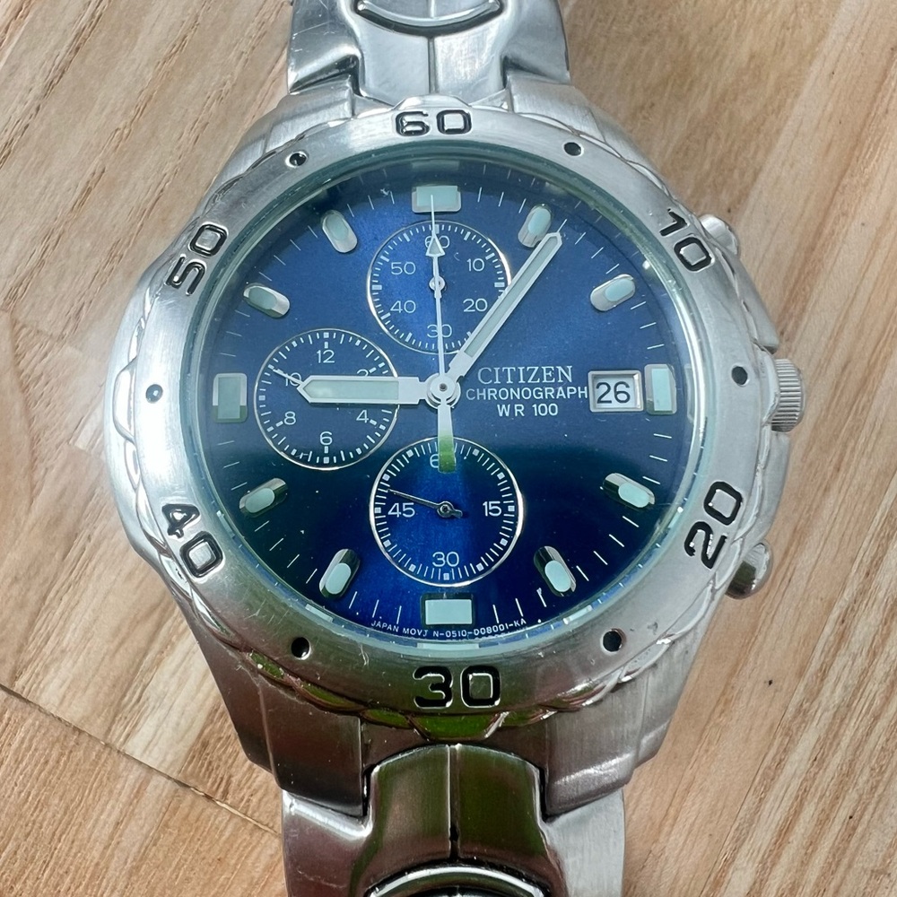 Citizen chronograph blue dial stainless steel watch NEW BATTERY